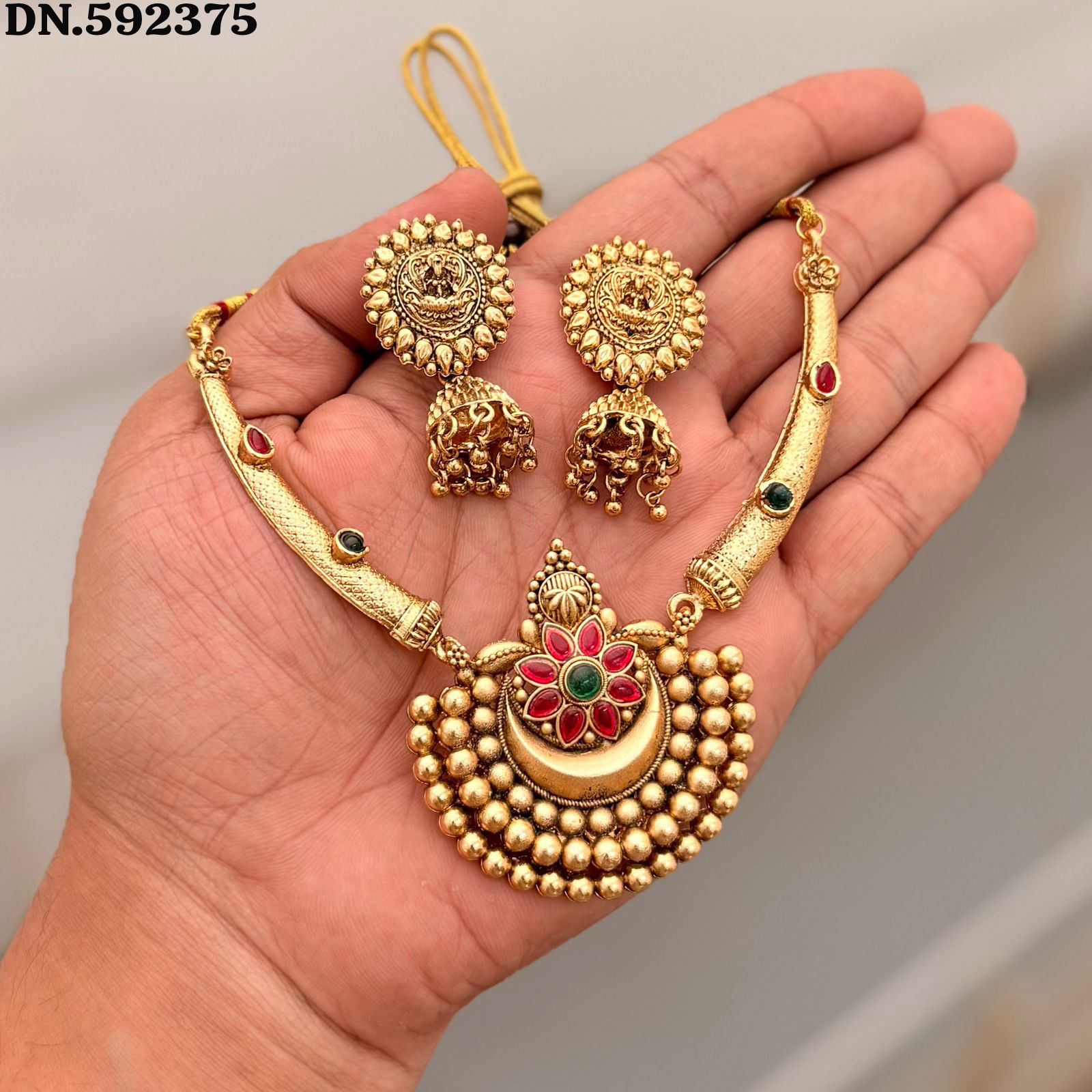 Royal Antique Pendant Necklace Set with Jhumka Earrings
