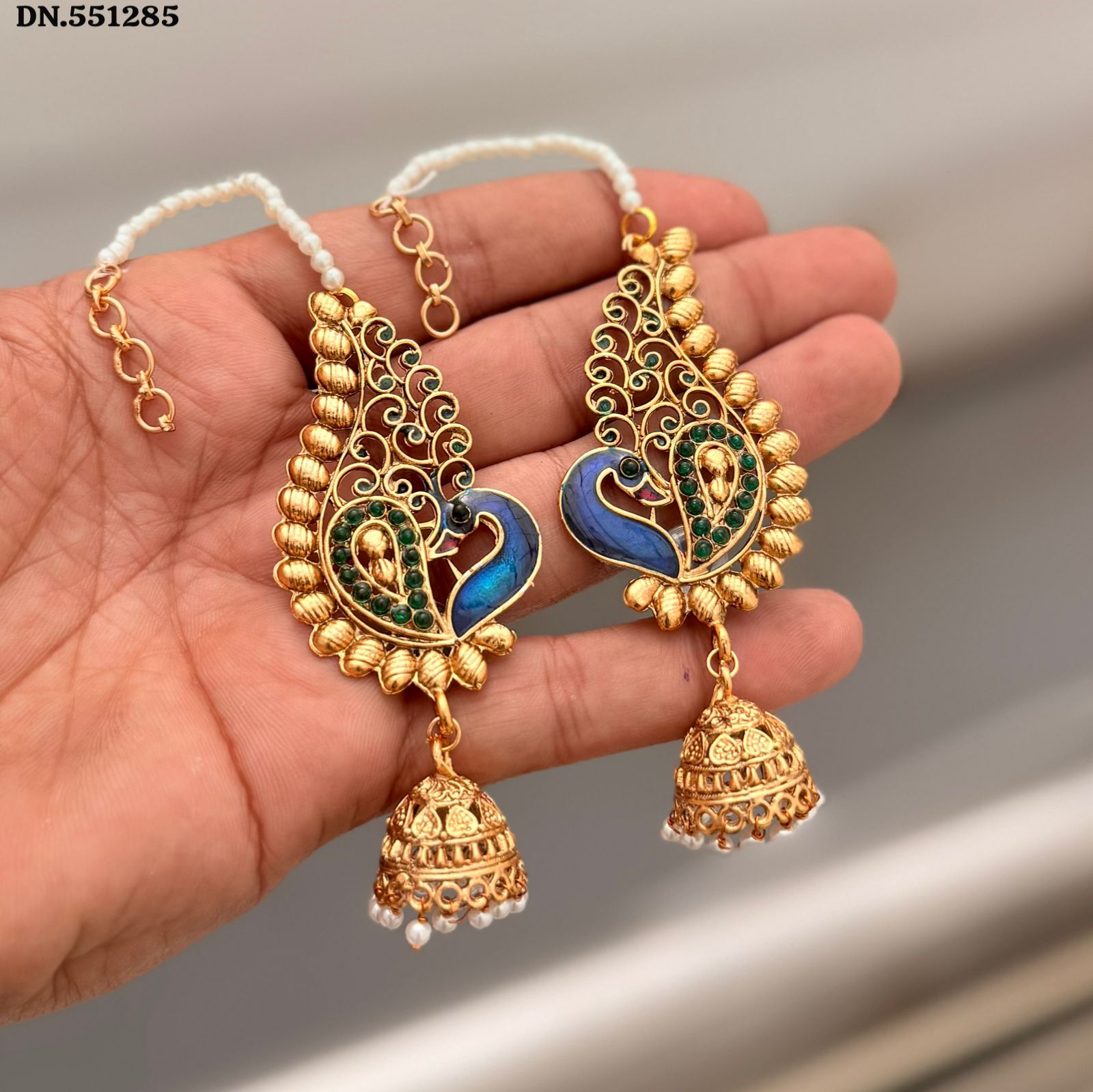 Antique Gold Motif Crescent Jhumka Earrings with Pearl Drops – Traditional Temple Wear