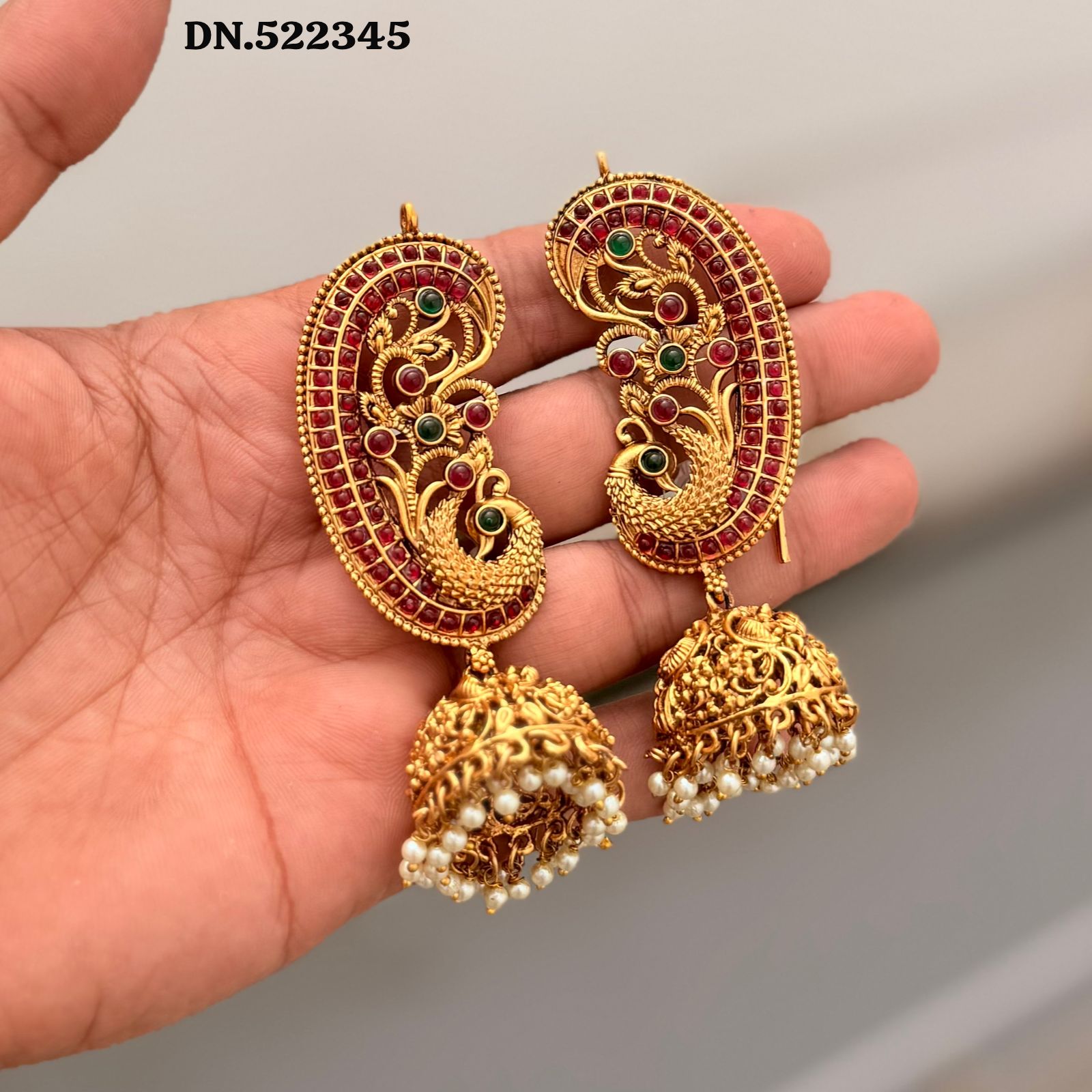 Antique Gold Peacock Floral Jhumka Earrings with Kundan Stones – Traditional Temple Design