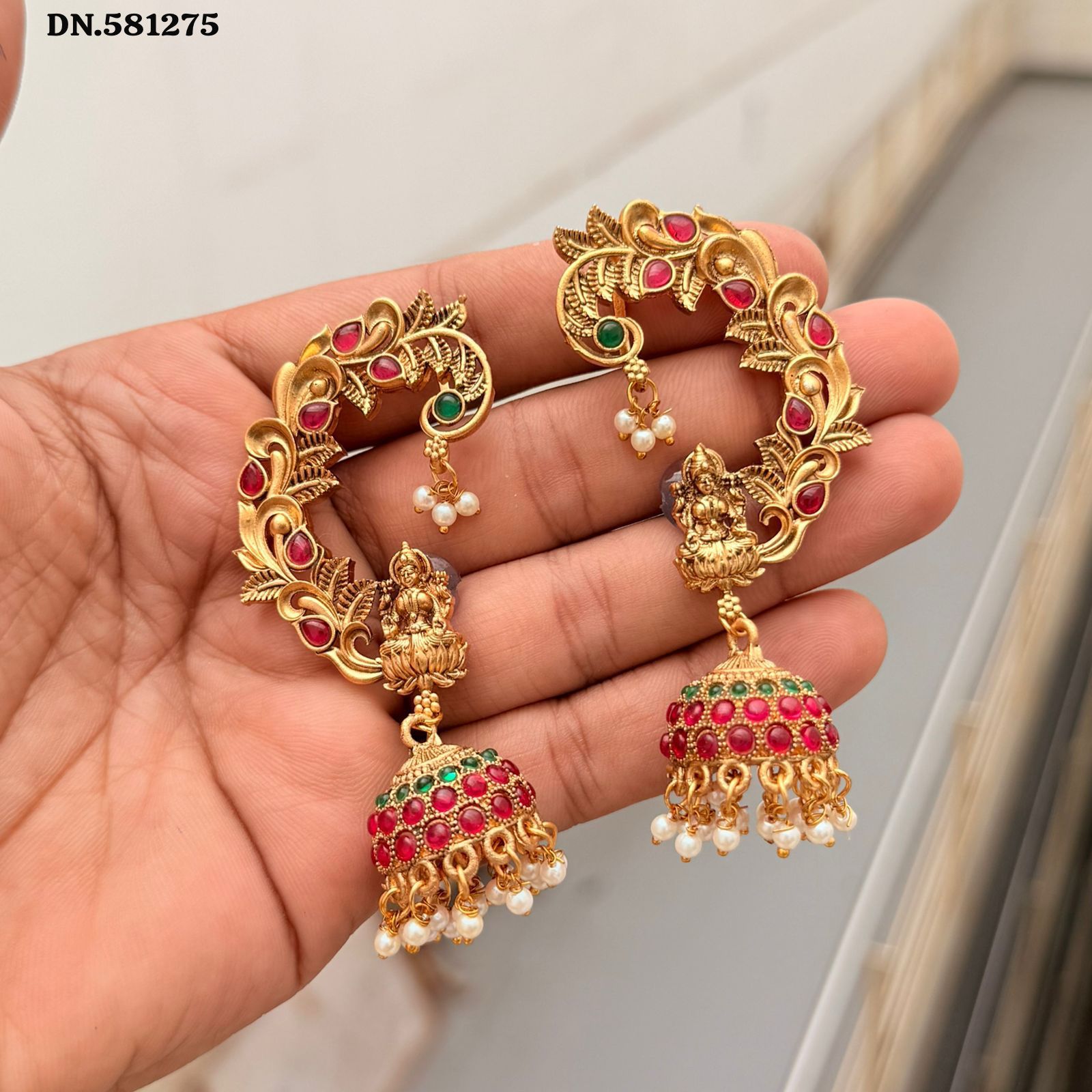 Antique Gold-Plated Lakshmi Temple Jhumka Earrings with Ruby & Emerald Stones
