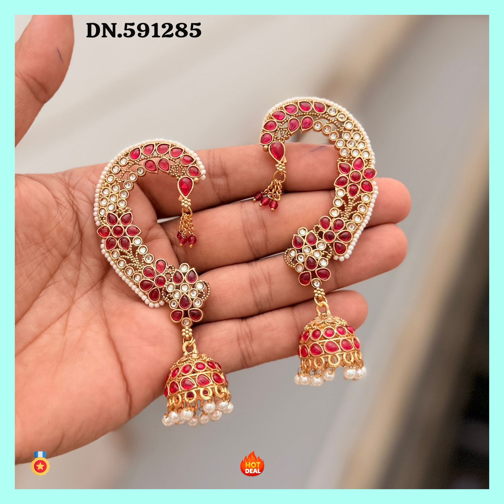 Elegant Red & White Kundan Earcuff Style Chandbali Earrings with Pearl Jhumka Drops