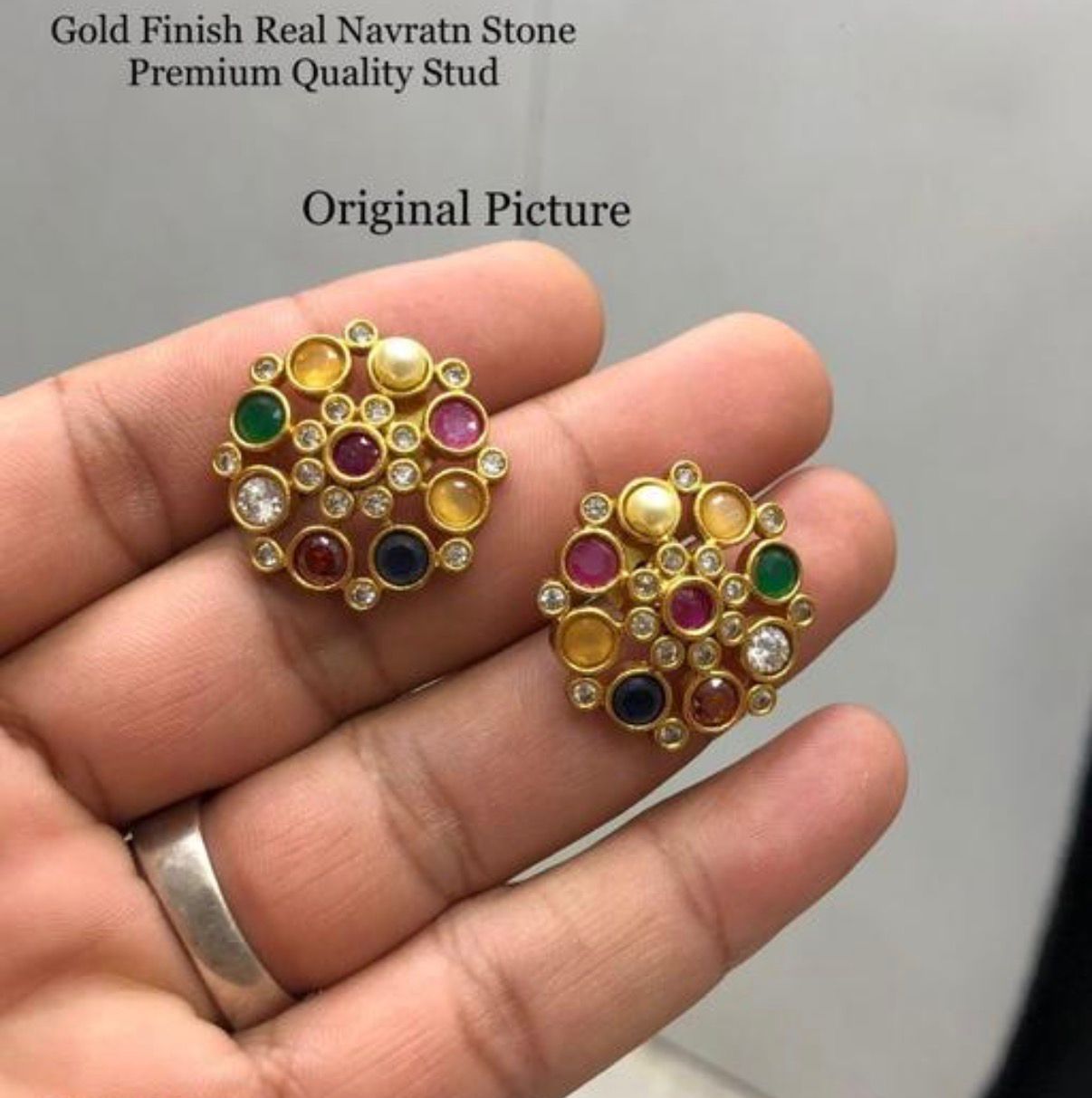 Premium Navaratna Stone Stud Earrings | Elegant Multicolor Traditional Design